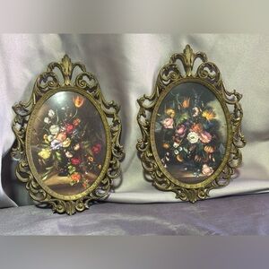 2-Vintage Brass Ornate Oval Floral Art Beveled Glass Front Wall Decor Velvet